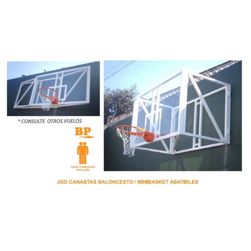 2 Canastas abatibles baloncesto vuelo 1m completas con tableros, aros y redes (configurar el acabado deseado)
